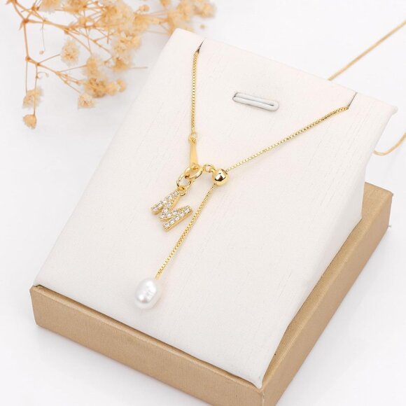 Dainty Gold Initial Necklace with Pearl Drop - Personalized A-Z Pendant Jewelry - Picture 5 of 7